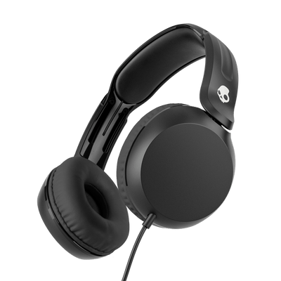Black over-ear wired headphones with cushioned ear pads and a padded headband, shown at an angle on a solid black background. A small white skull logo is visible on the headband. |True Black