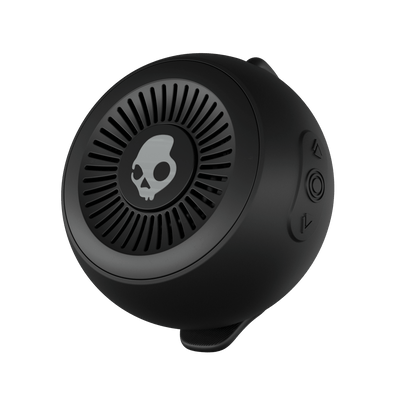 Black portable speaker with skull design on a black background | True Black