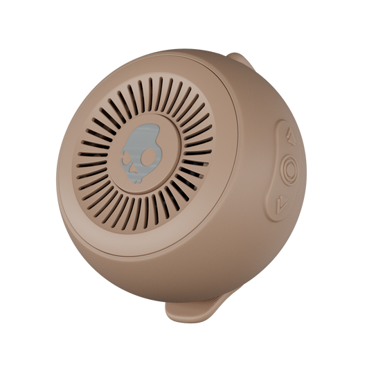 Beige Bluetooth speaker with a brand logo on a white background | Primer